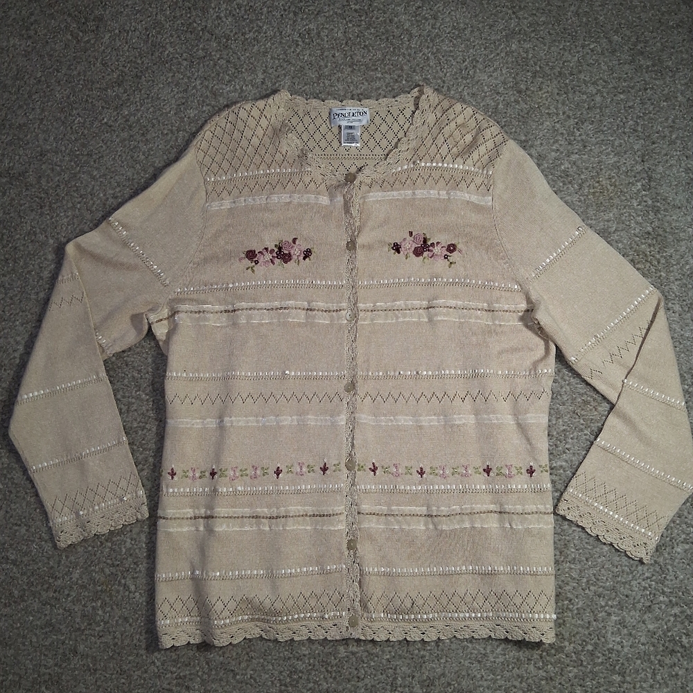 Women's Pendleton Cardigan 1X Linen Silk Blend Floral Embroidered
